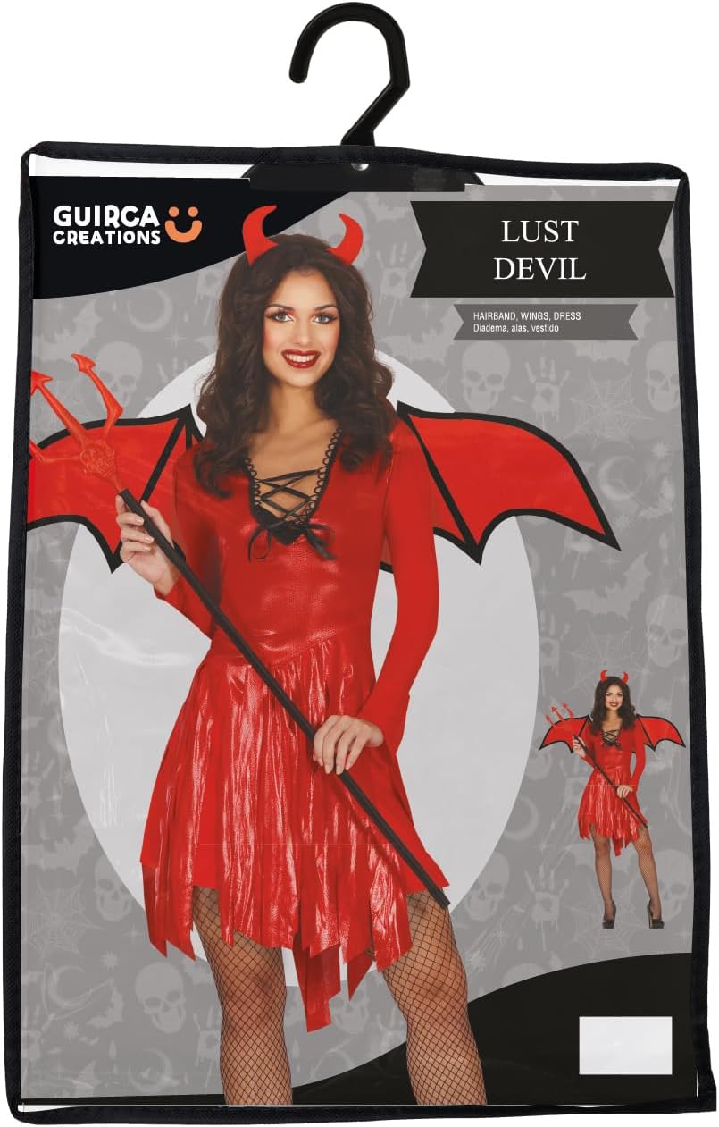 FIESTAS GUIRCA Feuer Teufelin Kostüm – Inkl. Teufelshörner Haarreif, sexy Teufelin Kleid, Rote Flügel Halloween Kostüm Erwachsene Damen