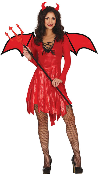 FIESTAS GUIRCA Feuer Teufelin Kostüm – Inkl. Teufelshörner Haarreif, sexy Teufelin Kleid, Rote Flügel Halloween Kostüm Erwachsene Damen