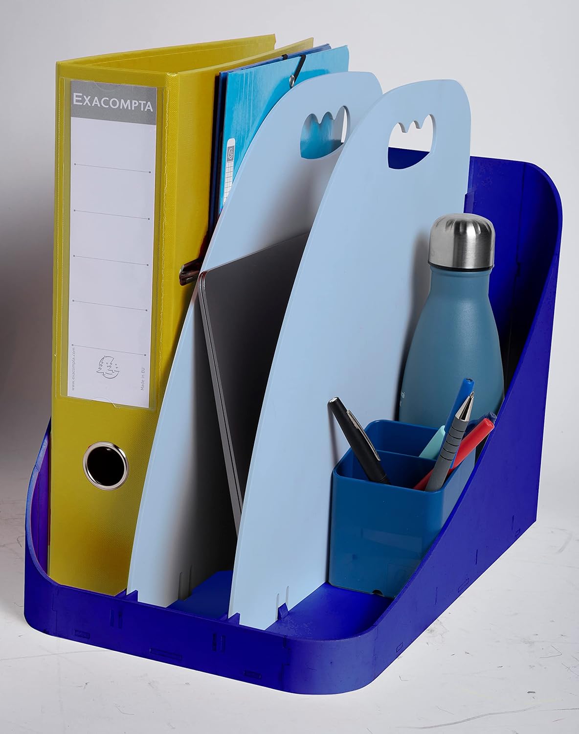 Exacompta - Ref. 3500383D - FLEX BOX - Flexible storage accessory with handle - 3 compartments for storing office essentials: PC, binder, pencil holder - Navy blue/light blue