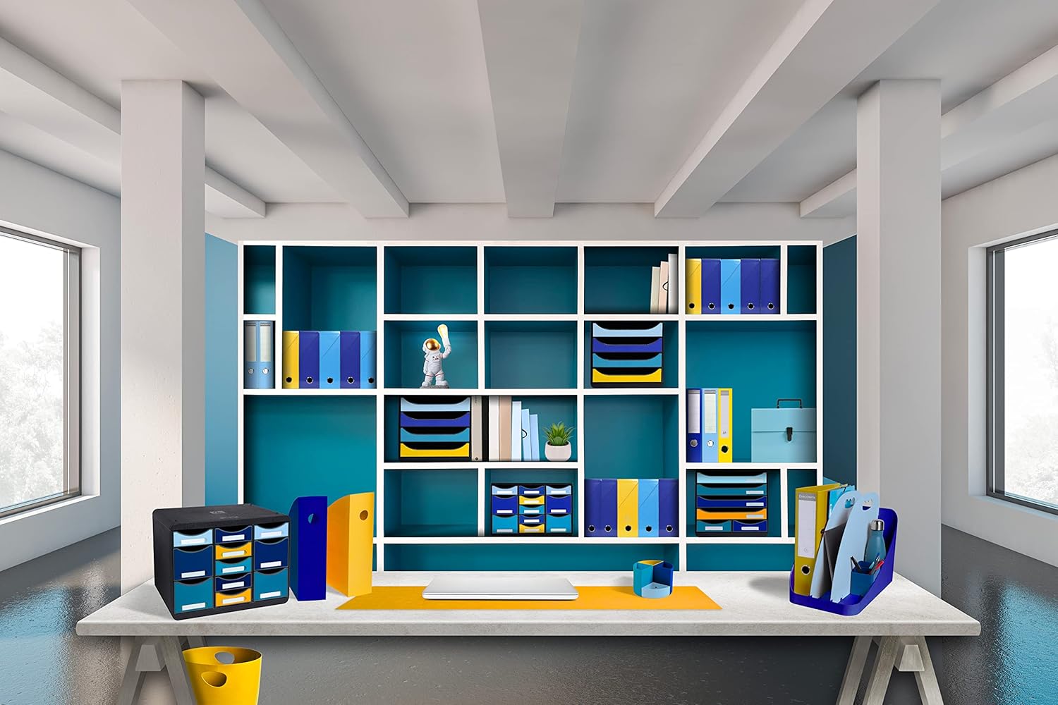 Exacompta - Ref. 3500383D - FLEX BOX - Flexible storage accessory with handle - 3 compartments for storing office essentials: PC, binder, pencil holder - Navy blue/light blue