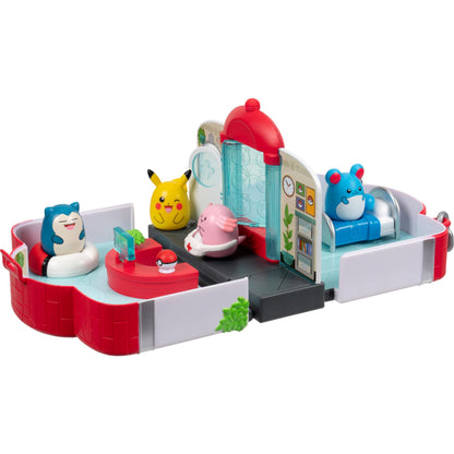 Squish-a-longs Pokémon Centre Playset by Jazwares, Collect Trade and Play, (4) Mini-Squish (Chansey, Marill, Pikachu, Snorlax) and (3) Mini-Squish accessories (Beanbag Chair, Bed, Healing Bag).