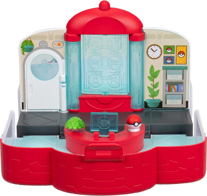 Squish-a-longs Pokémon Centre Playset by Jazwares, Collect Trade and Play, (4) Mini-Squish (Chansey, Marill, Pikachu, Snorlax) and (3) Mini-Squish accessories (Beanbag Chair, Bed, Healing Bag).