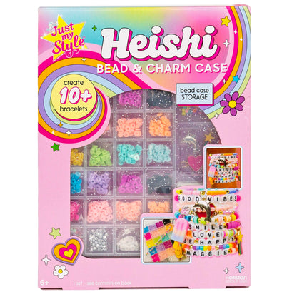 Just My Style Heishi Bead & Charm Case, Make Over 10 Accessories, Polymer Heishi Clay Beads Bracelet Making Kit with Charms for Bracelets & Travel-Friendly Storage Case, Great Gifts for Girls