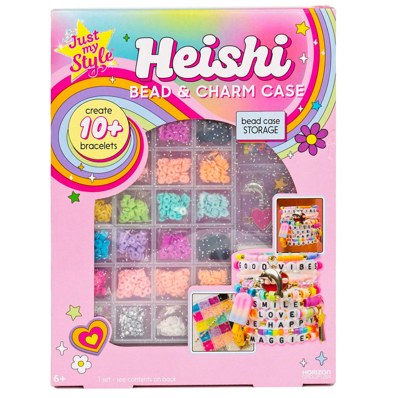 Just My Style Heishi Bead & Charm Case, Make Over 10 Accessories, Polymer Heishi Clay Beads Bracelet Making Kit with Charms for Bracelets & Travel-Friendly Storage Case, Great Gifts for Girls