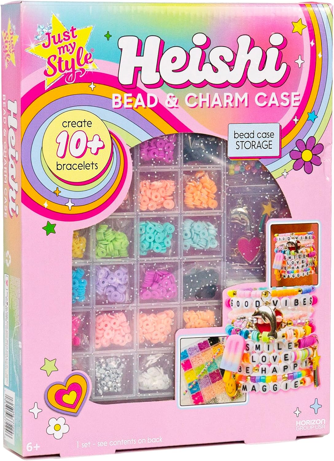 Just My Style Heishi Bead & Charm Case, Make Over 10 Accessories, Polymer Heishi Clay Beads Bracelet Making Kit with Charms for Bracelets & Travel-Friendly Storage Case, Great Gifts for Girls