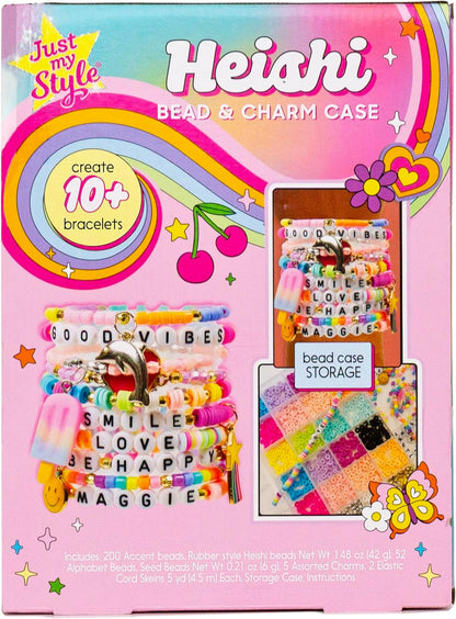 Just My Style Heishi Bead & Charm Case, Make Over 10 Accessories, Polymer Heishi Clay Beads Bracelet Making Kit with Charms for Bracelets & Travel-Friendly Storage Case, Great Gifts for Girls
