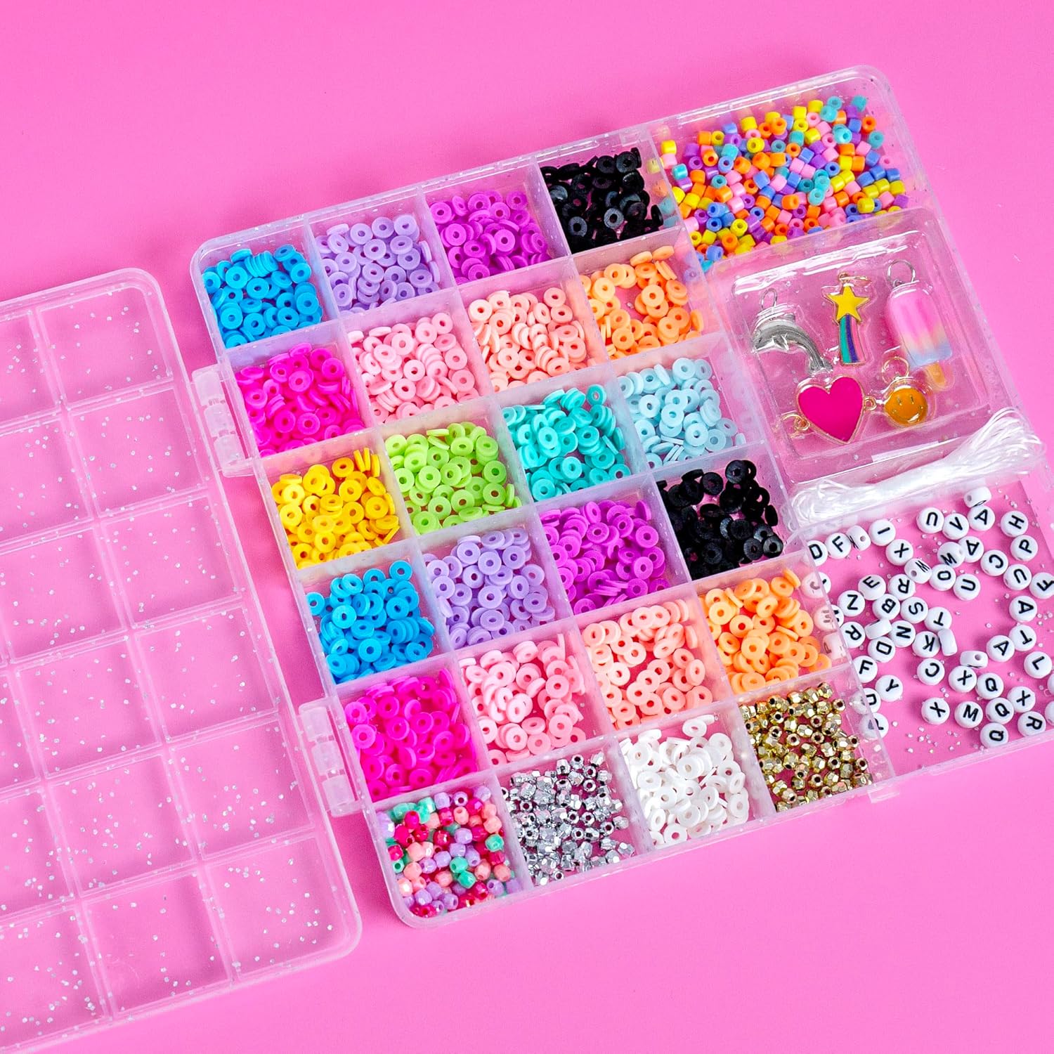 Just My Style Heishi Bead & Charm Case, Make Over 10 Accessories, Polymer Heishi Clay Beads Bracelet Making Kit with Charms for Bracelets & Travel-Friendly Storage Case, Great Gifts for Girls