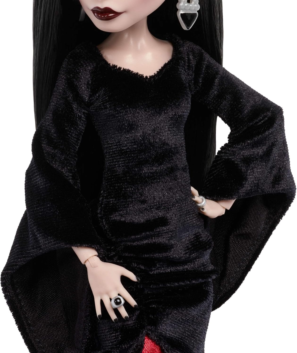 Monster High x Wednesday Doll, Morticia Addams Collectible in Black and Crimson Velvet Dress with Jewelry, Show-Inspired Heels and Doll Stand, JLK99