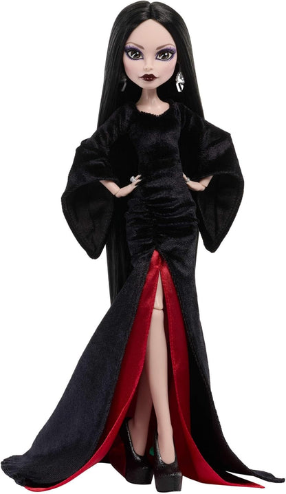 Monster High x Wednesday Doll, Morticia Addams Collectible in Black and Crimson Velvet Dress with Jewelry, Show-Inspired Heels and Doll Stand, JLK99