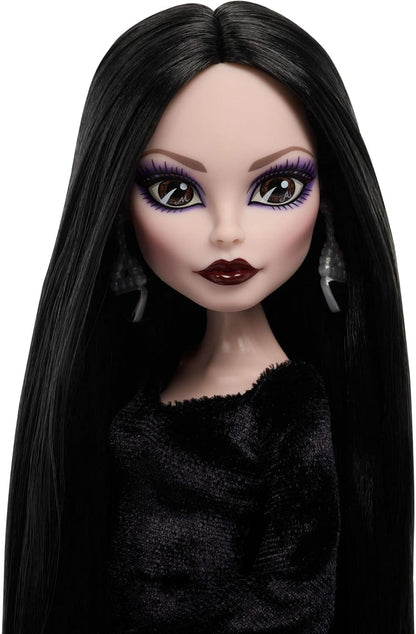 Monster High x Wednesday Doll, Morticia Addams Collectible in Black and Crimson Velvet Dress with Jewelry, Show-Inspired Heels and Doll Stand, JLK99
