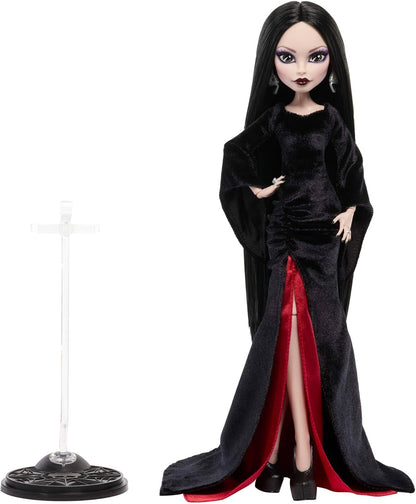 Monster High x Wednesday Doll, Morticia Addams Collectible in Black and Crimson Velvet Dress with Jewelry, Show-Inspired Heels and Doll Stand, JLK99