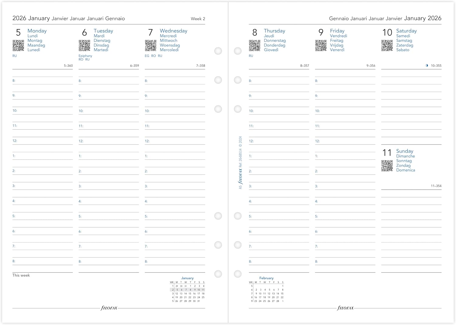Filofax A5 week on two pages 5 language appointments 2026 diary 26-68514