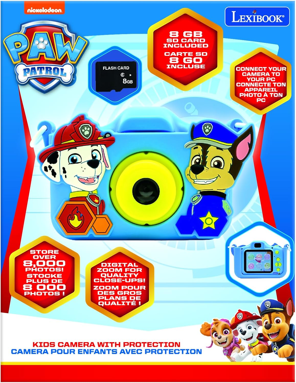 Lexibook DJ078PA Chase, Marshall, Paw Patrol, 4-in-1 camera for children with protection, video, MP3 and game functions, 15 frames to personalise your photos, 8 GB memory card included