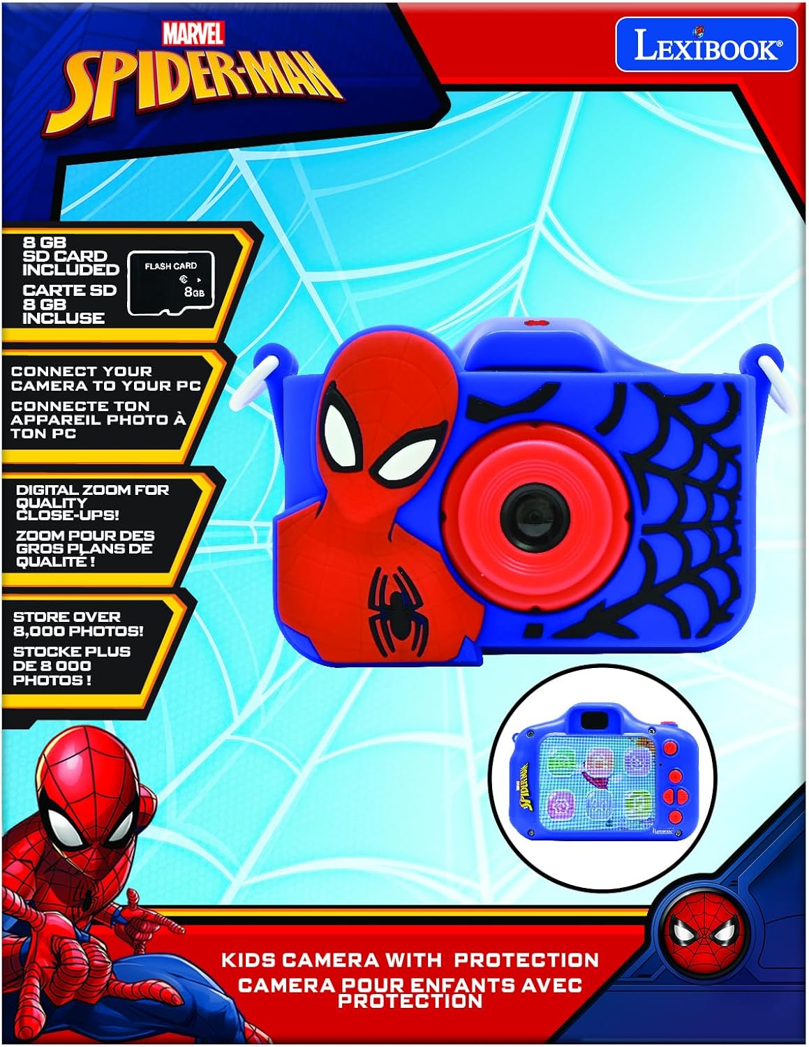 Lexibook, Spider-Man, Fotocamera 4-in-1 per bambini con protezione, Funzioni foto, video, MP3 e giochi, 15 cornici per personalizzare le tue foto, Scheda di memoria da 8 GB inclusa, DJ078SP