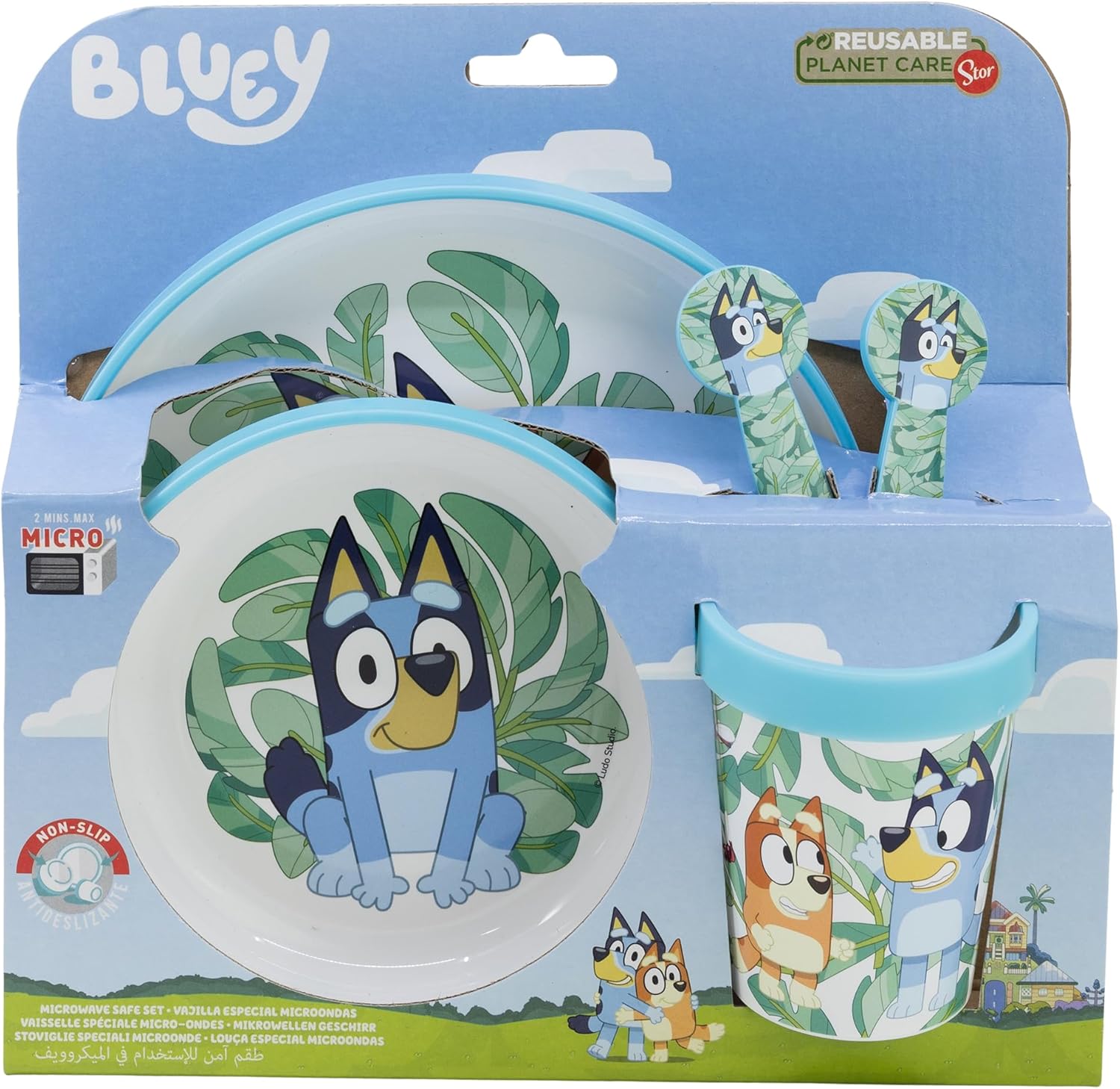 `Bluey - Non Slip 5 Pcs Bicolor Premium Set ( Plate, Bowl, Tumbler, Cutlery ) In Box`