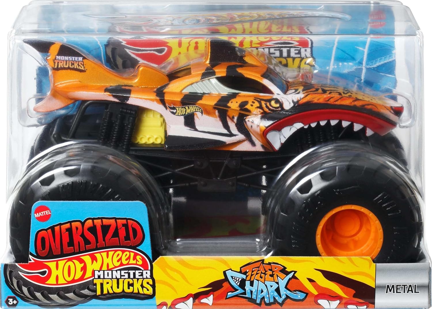 Hot Wheels Monstertrucks Tiger Shark, Grote Monstertruck, schaal 1:24, gegoten speelgoedtruck met gigantische wielen en coole ontwerpen, JDR02