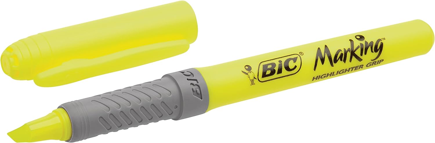 BIC 811935 Pack of 12 Yellow Bevelled Tip Marker Pens (Yellow, Bevelled Tip, Yellow, Grey, Round, 12 Pieces