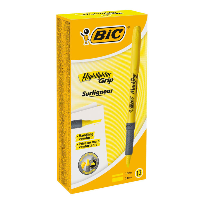 BIC 811935 Pack of 12 Yellow Bevelled Tip Marker Pens (Yellow, Bevelled Tip, Yellow, Grey, Round, 12 Pieces