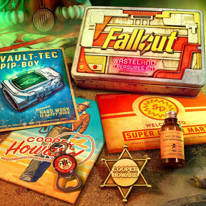 Doctor Collector Fallout Wasteland Treasures Kit Memories Collector's Box, limited edition metal collector’s box with official replicas and a metal Pip-Boy sign
