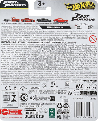 Hot Wheels Cars, Premium Fast & Furious, 1994 Honda del Sol, 1:64 Scale Die-Cast Car for Collectors Inspired by Movie Franchise, JHW63