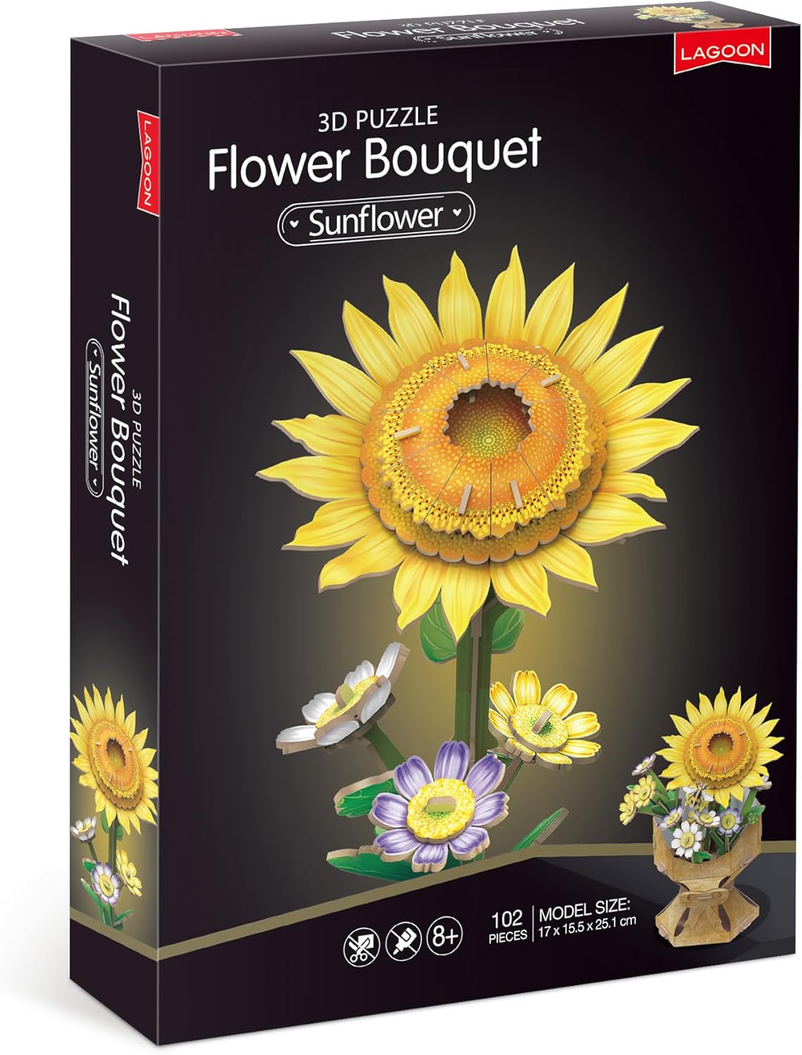 University Games Sunflower Flower Bouquet 3D Puzzle – DIY Press‑Together 102 Piece Floral Puzzle – Everlasting Sunflower & Daisy Bouquet Craft – Relaxing Home Decor Gift