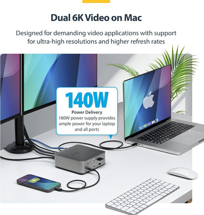 StarTech Thunderbolt 5 Dock, Dual 8K 60Hz, Triple 4K for Windows, Up to Dual 6K 60Hz for Mac - TB5 & USB4 Docking station with 120Gbps max transfer, 140W PD, 30W Phone, USB 10Gbps (215UE-TB5USB4DOCK