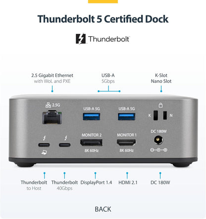 StarTech Thunderbolt 5 Dock, Dual 8K 60Hz, Triple 4K for Windows, Up to Dual 6K 60Hz for Mac - TB5 & USB4 Docking station with 120Gbps max transfer, 140W PD, 30W Phone, USB 10Gbps (215UE-TB5USB4DOCK