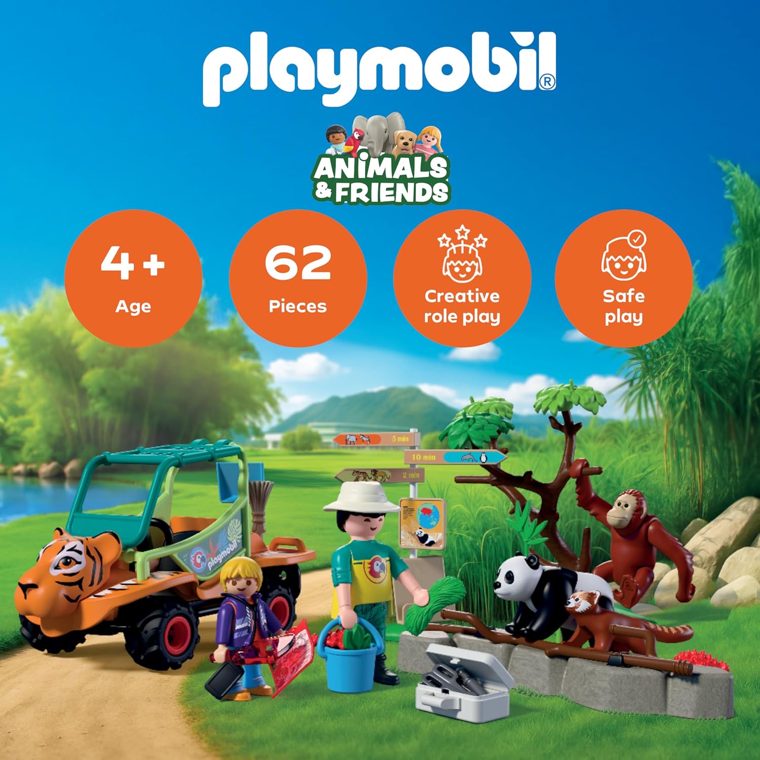 Playmobil | Animals & Friends | Zookeeper with vehicle | Vehicle with tiger head design and 3 animals | children's toy for ages 4 and up | 72072