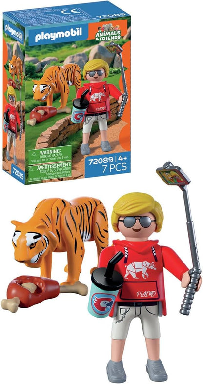 Playmobil Zoo Tiger with Baby Play Set, Includes Visitor Figure with Selfie Stick and Drink Cup, Wildlife Animal Toy