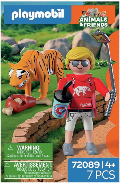 Playmobil Zoo Tiger with Baby Play Set, Includes Visitor Figure with Selfie Stick and Drink Cup, Wildlife Animal Toy