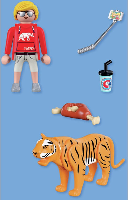 Playmobil Zoo Tiger with Baby Play Set, Includes Visitor Figure with Selfie Stick and Drink Cup, Wildlife Animal Toy