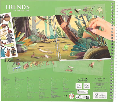 Depesche 13599 Explorer - Stickerboek met 16 achtergrondpagina's om te beplakken en vorm te geven, incl. 4 pagina's insecten- en reliëfstickers
