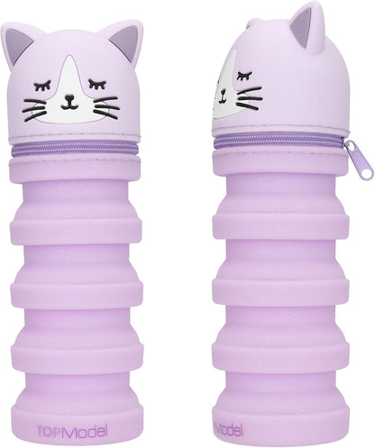 Depesche TOPModel Blooming Kitty Silicone Pencil Case | Retractable Pen Case with Cat Head | Glitter Silicone | Pencil Case for School & Office | Assorted Colours | Grey or Purple