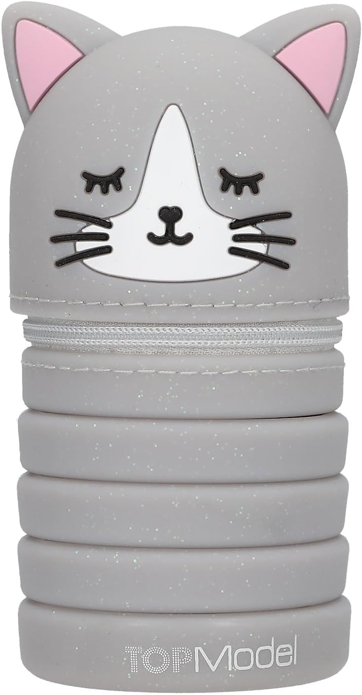 Depesche TOPModel Blooming Kitty Silicone Pencil Case | Retractable Pen Case with Cat Head | Glitter Silicone | Pencil Case for School & Office | Assorted Colours | Grey or Purple