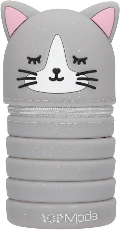 Depesche TOPModel Blooming Kitty Silicone Pencil Case | Retractable Pen Case with Cat Head | Glitter Silicone | Pencil Case for School & Office | Assorted Colours | Grey or Purple