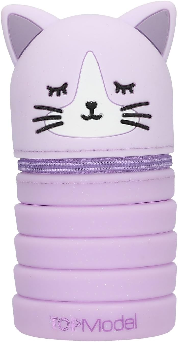 Depesche TOPModel Blooming Kitty Silicone Pencil Case | Retractable Pen Case with Cat Head | Glitter Silicone | Pencil Case for School & Office | Assorted Colours | Grey or Purple