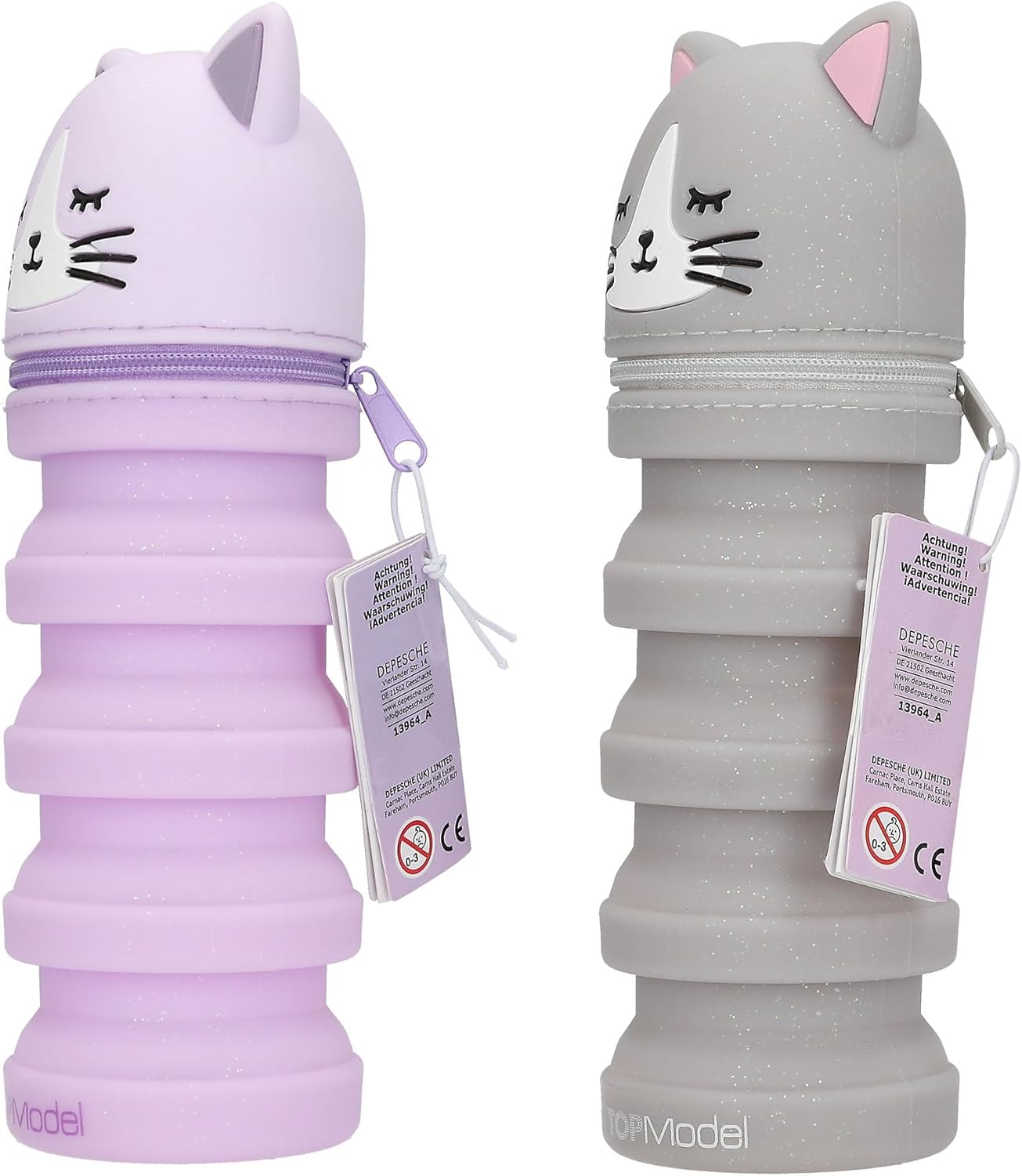 Depesche TOPModel Blooming Kitty Silicone Pencil Case | Retractable Pen Case with Cat Head | Glitter Silicone | Pencil Case for School & Office | Assorted Colours | Grey or Purple