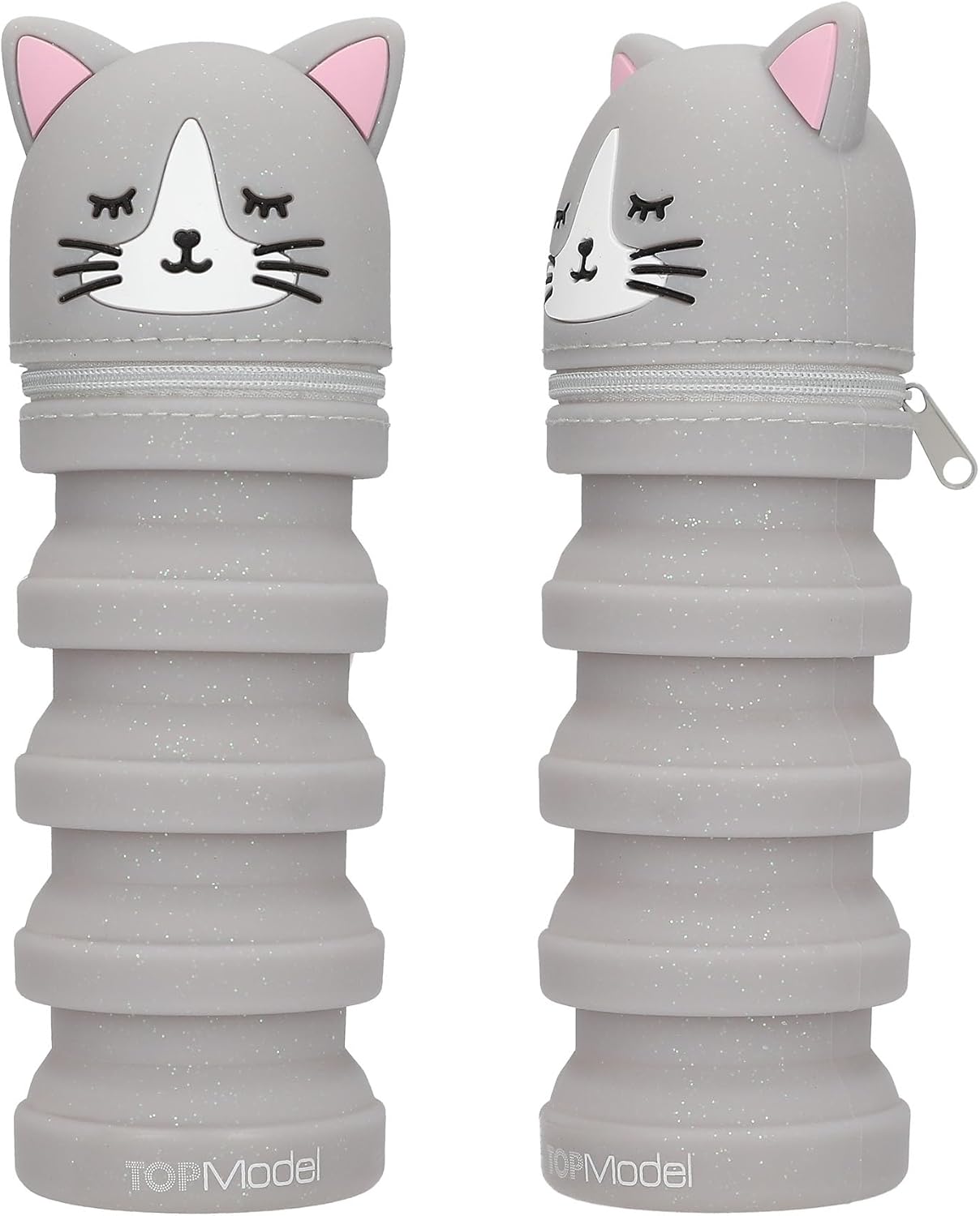 Depesche TOPModel Blooming Kitty Silicone Pencil Case | Retractable Pen Case with Cat Head | Glitter Silicone | Pencil Case for School & Office | Assorted Colours | Grey or Purple