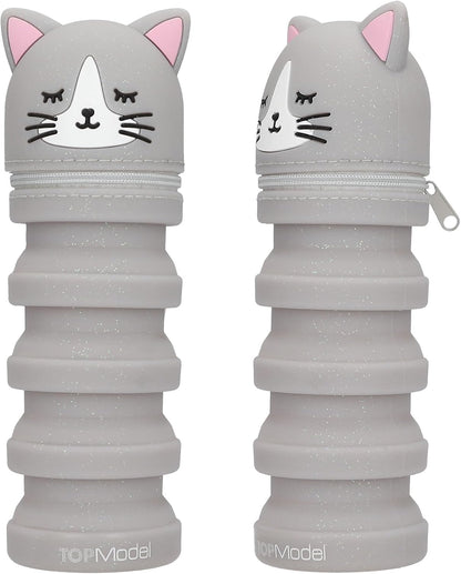 Depesche TOPModel Blooming Kitty Silicone Pencil Case | Retractable Pen Case with Cat Head | Glitter Silicone | Pencil Case for School & Office | Assorted Colours | Grey or Purple