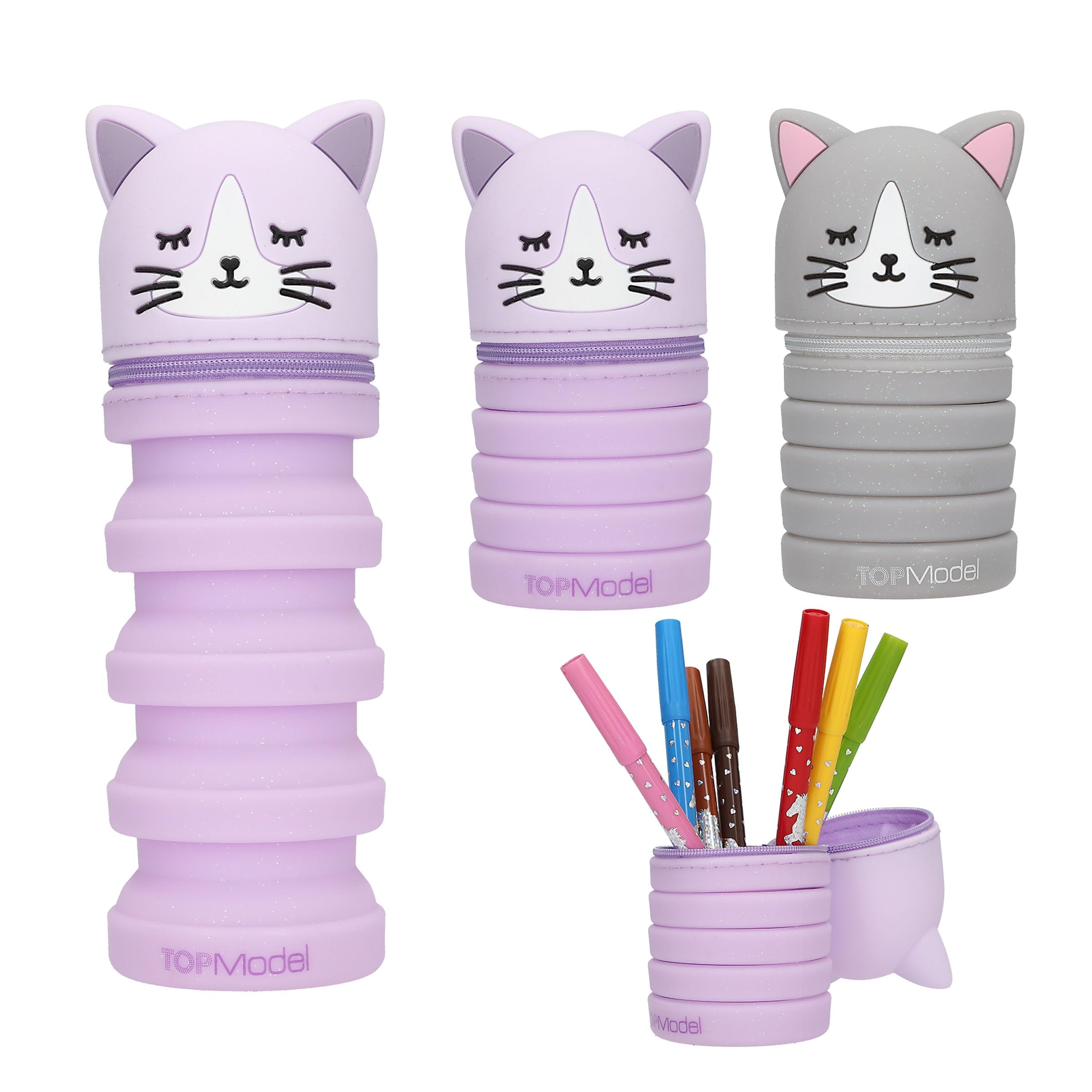 Depesche TOPModel Blooming Kitty Silicone Pencil Case | Retractable Pen Case with Cat Head | Glitter Silicone | Pencil Case for School & Office | Assorted Colours | Grey or Purple
