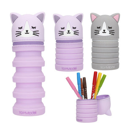 Depesche TOPModel Blooming Kitty Silicone Pencil Case | Retractable Pen Case with Cat Head | Glitter Silicone | Pencil Case for School & Office | Assorted Colours | Grey or Purple