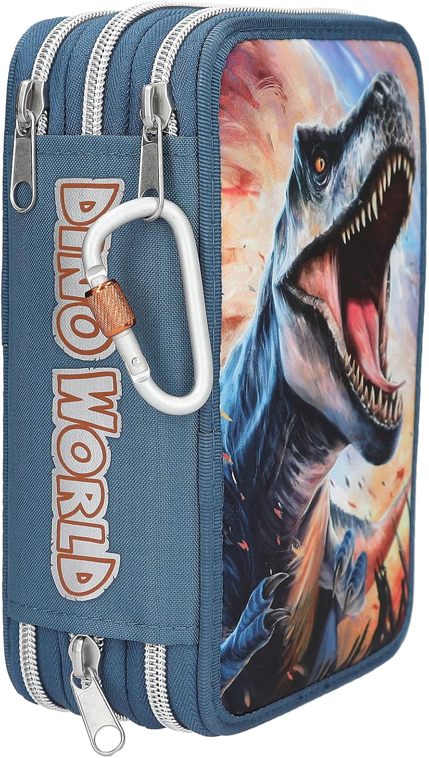 Depesche 13982 Dino World - Filled 3-Compartment Pencil Case in Blue, with T-Rex Motif on Flame Background, Pencil Case with Colouring Pencils, Scissors, Ruler, etc.