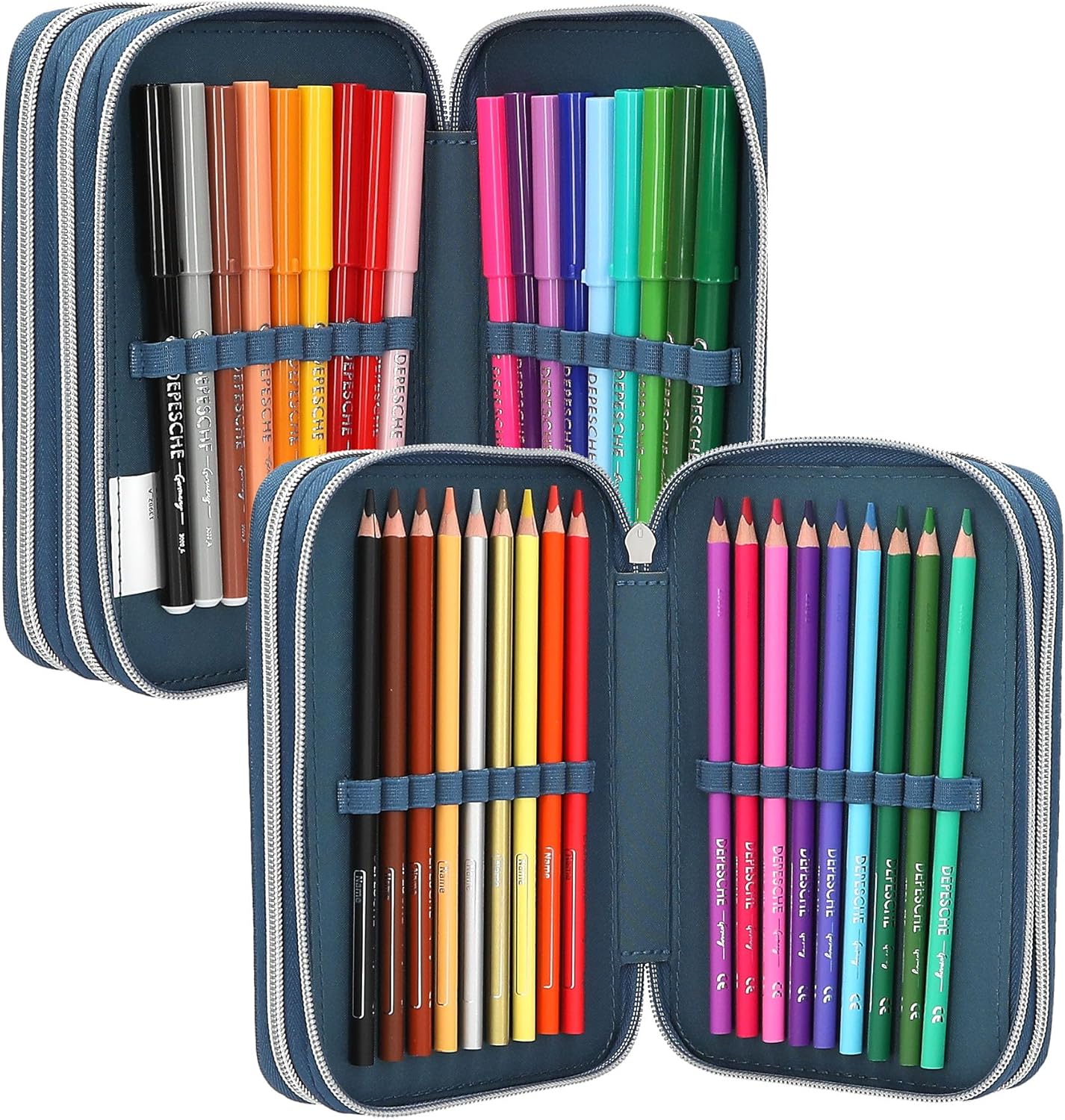 Depesche 13982 Dino World - Filled 3-Compartment Pencil Case in Blue, with T-Rex Motif on Flame Background, Pencil Case with Colouring Pencils, Scissors, Ruler, etc.