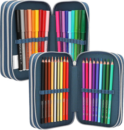 Depesche 13982 Dino World - Filled 3-Compartment Pencil Case in Blue, with T-Rex Motif on Flame Background, Pencil Case with Colouring Pencils, Scissors, Ruler, etc.