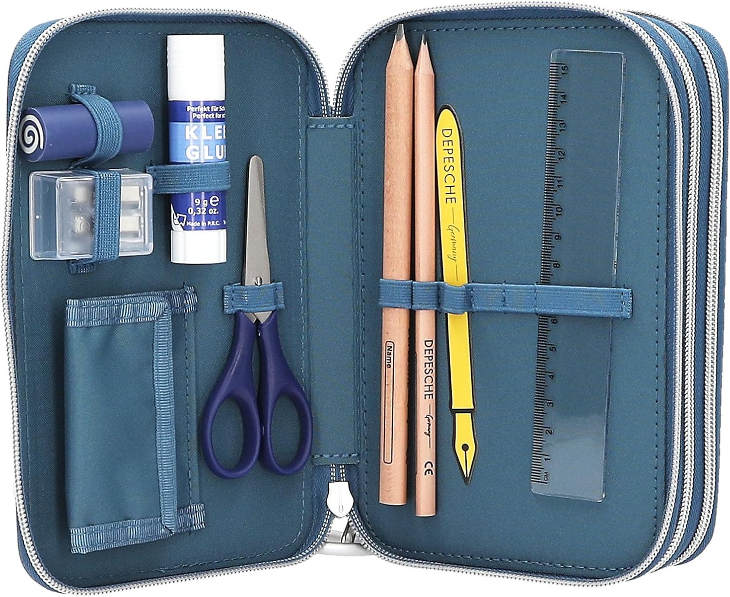 Depesche 13982 Dino World - Filled 3-Compartment Pencil Case in Blue, with T-Rex Motif on Flame Background, Pencil Case with Colouring Pencils, Scissors, Ruler, etc.