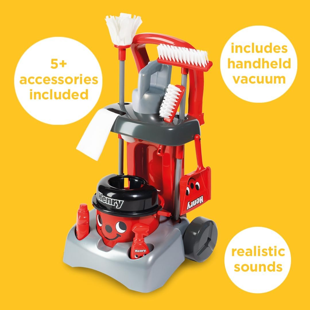Casdon Henry Deluxe Cleaning Trolley , Realistic Toy Cleaning Trolley For Children Aged 3+ , Includes Several Tools For Thorough Cleaning Days!