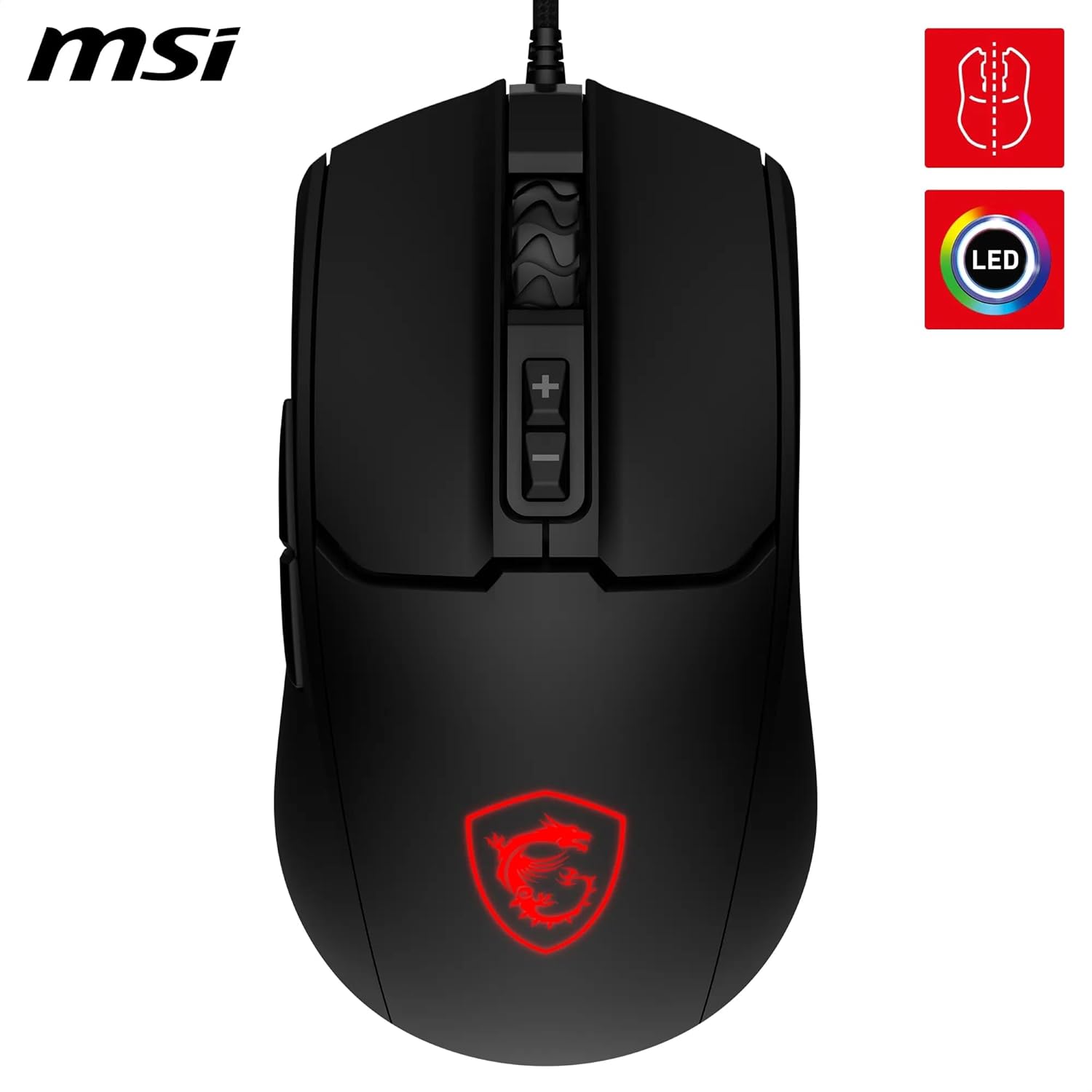 MSI FORGE GM100 Gaming Mouse – Sensore ottico 6400 DPI, design simmetrico, switch con oltre 10 milioni di click, 7 tasti, latenza 8 ms, LED RGB, peso 108 g – cablato