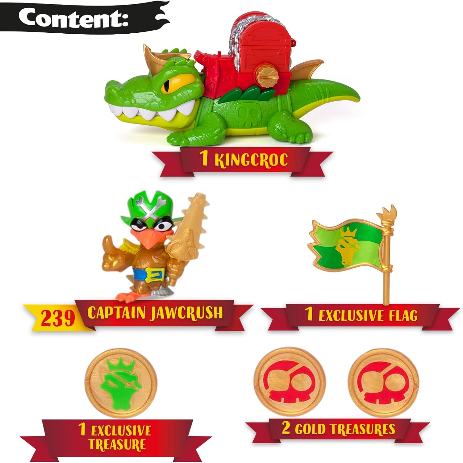 PIRATIX King Croc - Articulated crocodile that captures Piratix and carries a treasure chest. Contains 1 crocodile, 3 treasure coins, 1 exclusive Piratix and 1 accessory