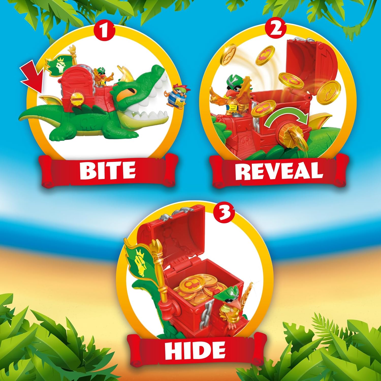 PIRATIX King Croc - Articulated crocodile that captures Piratix and carries a treasure chest. Contains 1 crocodile, 3 treasure coins, 1 exclusive Piratix and 1 accessory