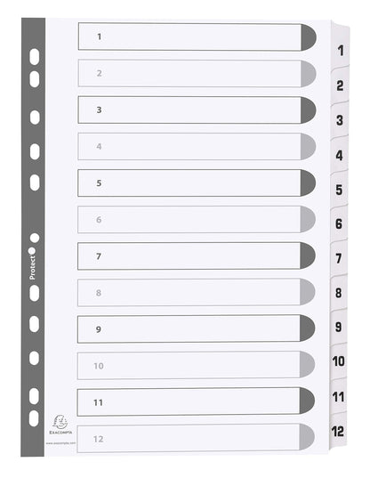 Exacompta - Ref MWD1-12Z - Mylar Printed Indices - For Use WithA4 Documents, Pre-Punched, 160gsm White Card with Reinforced Plastic Tabs, FSC-Certified - 12-Part Dividers (1-12